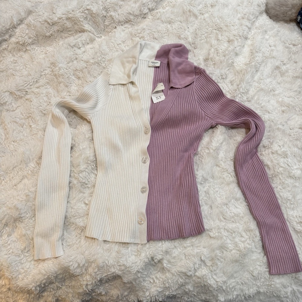 Abercrombie & Fitch Two Toned Ribbed Cardigan Pink White size S NWT